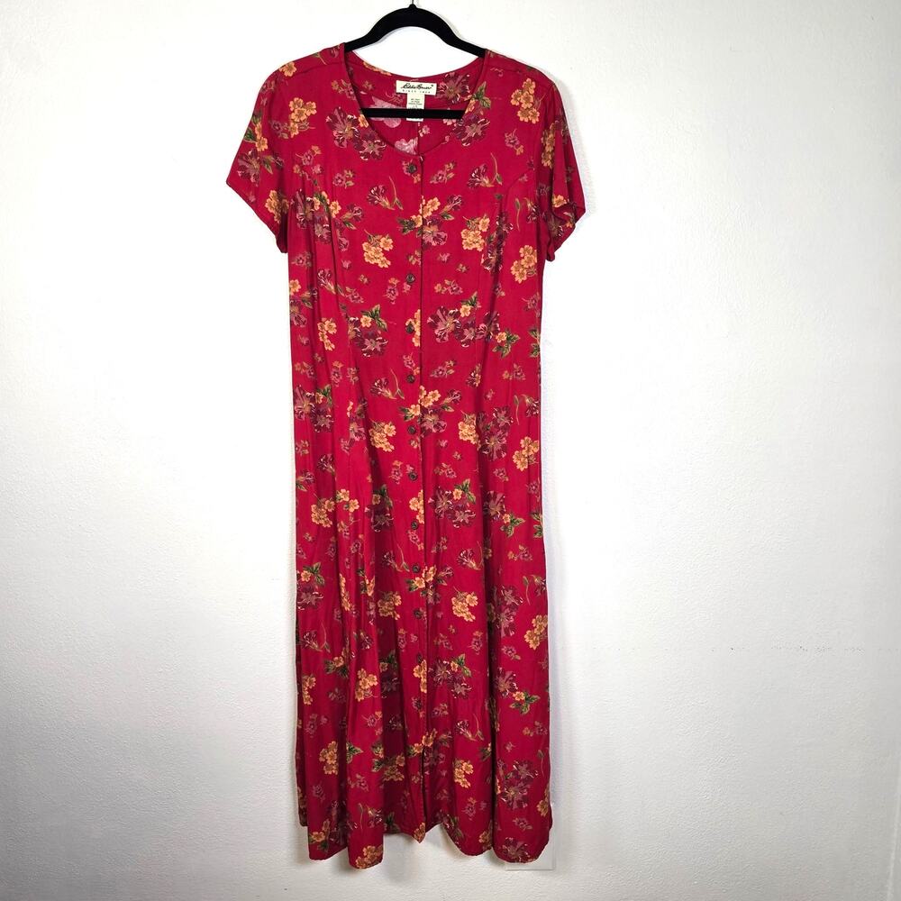 Vintage Eddie Bauer Maxi Dress Women's L Red Floral Print Cottagecore Romantic